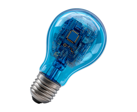 Innovative microchip with glowing bulb, Modern circuit design featuring vibrant blue illumination on transparent background