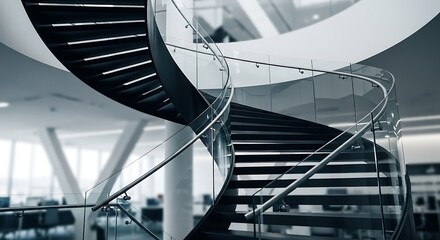 A sleek, modern spiral staircase with dark steps and a glass railing in a contemporary building interior.