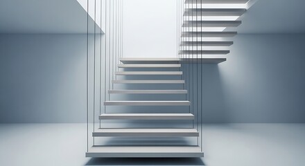Modern minimalist floating staircase in a bright, clean architectural interior with white walls and subtle shadows.