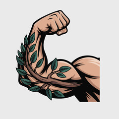 body builder muscle with green leaves that shows power