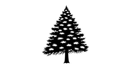 Black silhouette of a tall, conical evergreen pine tree isolated on a plain white background.