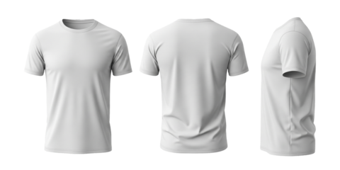 White blank men's crew neck T-shirt mockup, front, back, and side view. Clean casual apparel template for design and product display.