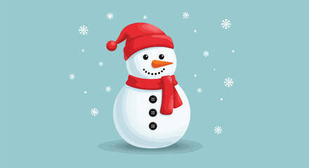Cheerful Snowman Wearing a Red Hat and Scarf with Falling Snowflakes.