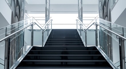 An upward view of a modern staircase with glass railings and a bright opening.