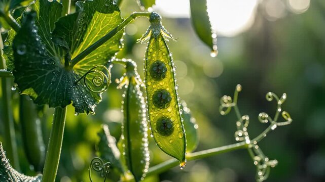 Closeup of dewcovered pea pods hanging on a plant backlit by sunlight with bokeh in the background