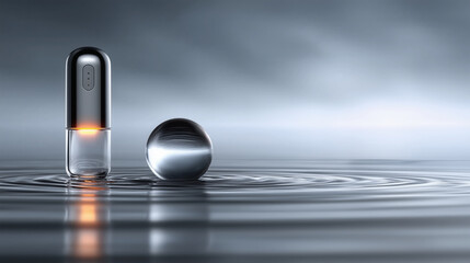 Futuristic smart capsule device and metal sphere on rippling water surface.