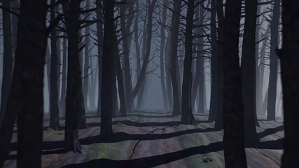 Eerie forest scene with tall, shadowy trees in a misty atmosphere. Low-angle view enhances the mysterious, cinematic video style. Live desktop wallpaper.