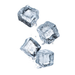 Obraz premium Three ice cubes falling isolated on white background