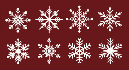 Collection of eight intricate white snowflake designs on a deep red background.