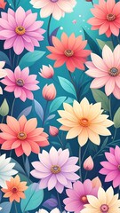 A vibrant field of blooming flowers with soft pastel colors against a dreamy turquoise backdrop