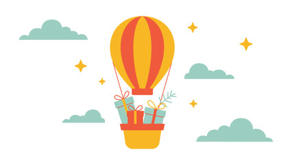 A Whimsical Ascent: A vibrant hot air balloon floats gracefully through a tranquil, cloudy sky, carrying festive gifts, symbolizing the joy and anticipation of celebrations. 