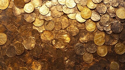 A large pile of golden coins covers a dark, textured surface, creating a rich and opulent visual.