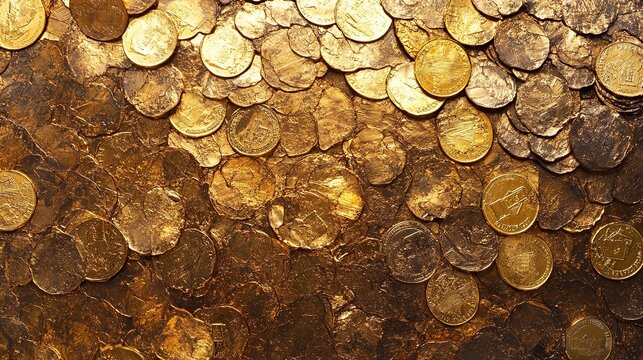 A large pile of golden coins covers a dark, textured surface, creating a rich and opulent visual.