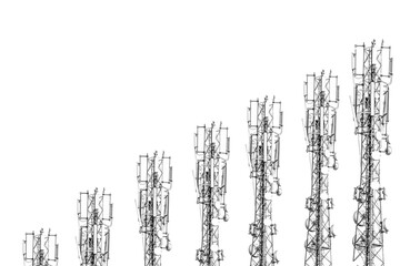 Telecommunications antennas  transmitting and receiving stations, communication tower or 3G 4G network telephone cellsite silhouette on blue sky and space for text