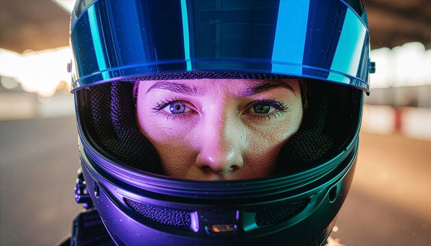 Close-up of female race car driver wearing helmet with vivid reflections under racing light