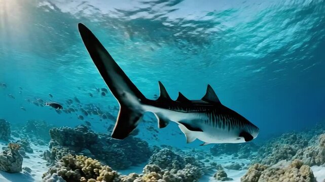 A tiger shark swimming over a coral reef underwater.