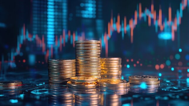 A stack of shiny coins sits on a dark surface, with a complex stock market graph and blurred city skyline in the background, symbolizing financial growth and investment.