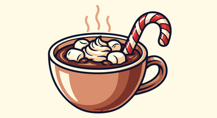 A warm and cozy mug of hot chocolate topped with whipped cream, marshmallows, and a festive candy cane stirrer. A sweet, comforting beverage for the winter holidays