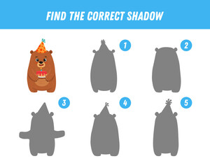 Find correct shadow of cute brown bear. Educational logical game for kids. Cartoon teddy bear with cake. Vector illustration
