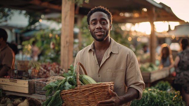 Young African American man smiles holding wicker basket with fresh green vegetables at busy farmers market. Local food, healthy eating, young entrepreneurship, organic produce, sustainable agriculture