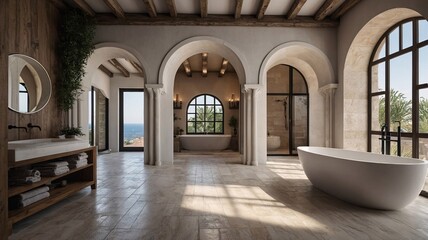 Fototapeta premium Spacious bathroom featuring a freestanding tub, large windows, and natural materials, creating a serene and luxurious atmosphere.