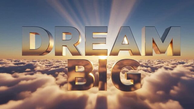 Dream big text above clouds with sun rays shining through the letters in the sky at sunset - hd 4k