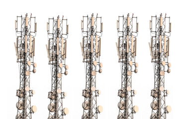 Telecommunications antennas  transmitting and receiving stations, communication tower or 3G 4G network telephone cellsite silhouette on blue sky and space for text