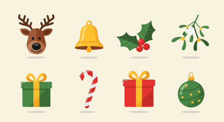 Festive Christmas Icons - Reindeer, Bell, Holly, Mistletoe, Gifts, Candy Cane, Ornament.