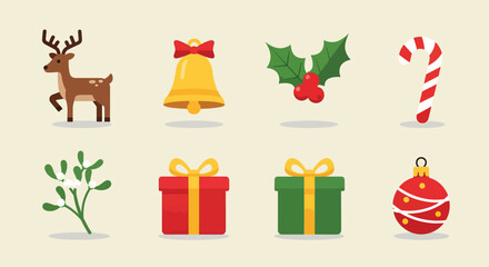 Festive Christmas Icons - Reindeer, Gifts, Bell, Holly, Candy Cane, and Ornament.