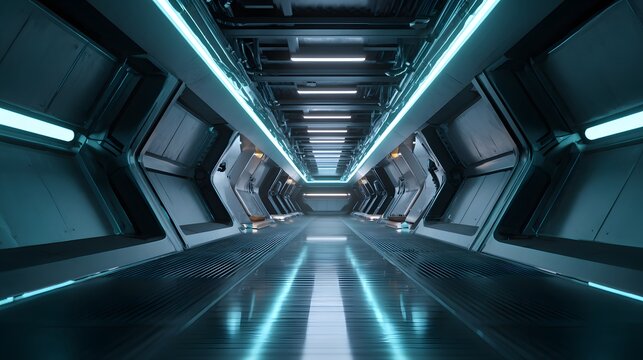 Sleek spaceship corridor evokes futuristic travel and modern design concepts within a serene sci-fi atmosphere