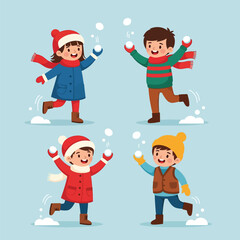 Fototapeta premium Four cheerful children joyfully playing in the snow, throwing snowballs.