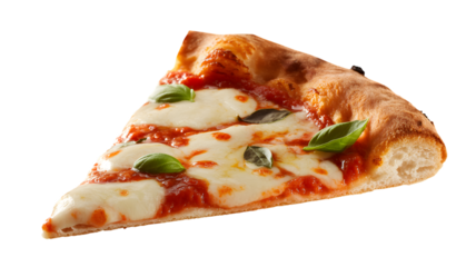 Delicious margherita pizza slice with fresh basil close up on transparent background