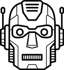 Black outline of a retro robot head with antennae and visor android cyborg