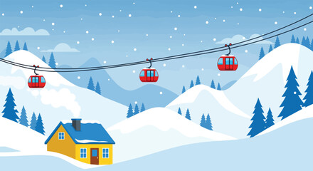 Red ski lift gondolas transport passengers over snowy mountains and a cozy cabin.