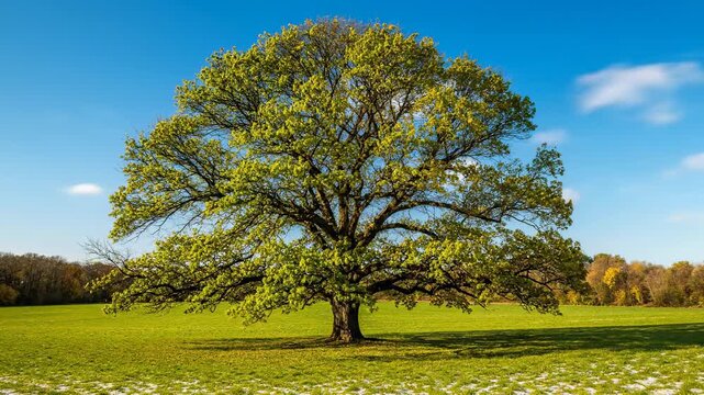 Majestic oak tree cycles through all four seasons, showcasing its stunning transformation from bare branches to vibrant foliage and snowy serenity in a beautiful timelapse lifecycle, scenic, winter