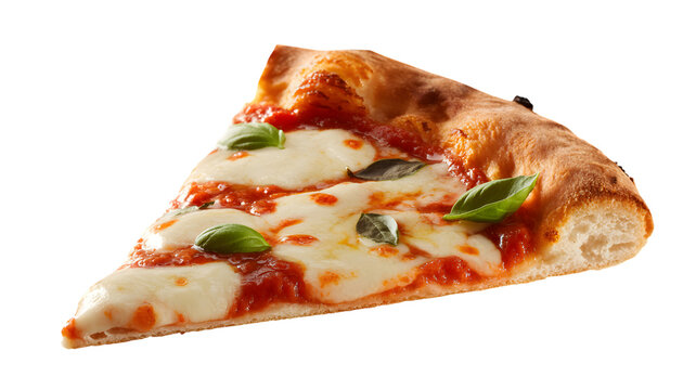 Gourmet Margherita pizza slice with melted mozzarella and fresh basil, authentic Italian pizza portion on white background, isolated food PNG