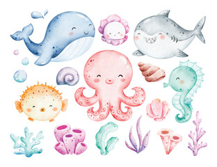 Watercolor Illustration Set of Sea Animals and Corals