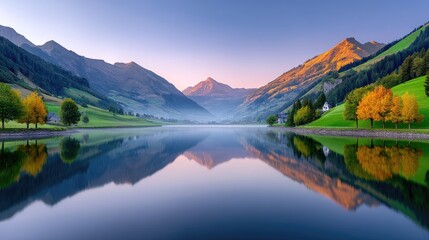 Fototapeta premium Serene Mountain Lake Reflects Autumn Trees and Golden Sunlight in a Tranquil Valley Landscape