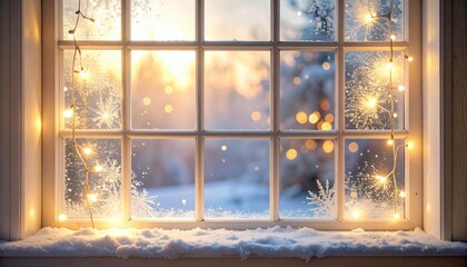 Snowy window with warm lights view through window showcasing gentle snow falling and inviting warm lights illuminating scene