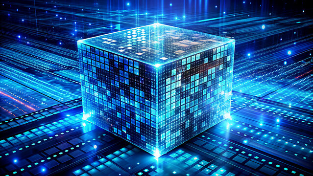 Abstract blue glowing cube a futuristic digital technology concept perfect for science and technology presentations
