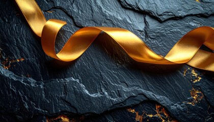 Elegant gold ribbon displayed on black slate surface graceful gold ribbon lies elegantly on dark black slate surface creating striking contrast