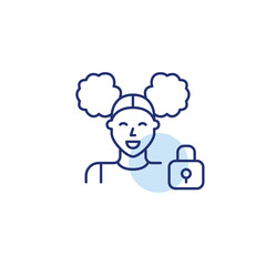Young woman and lock. Secure user data, protected connection. Pixel perfect, editable stroke vector icon