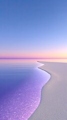 Fototapeta premium Serene Ocean Meets Sandy Shore Under A Breathtaking Purple Pink And Yellow Sunset Sky Over Calm Water With Gentle Waves And Sparkles