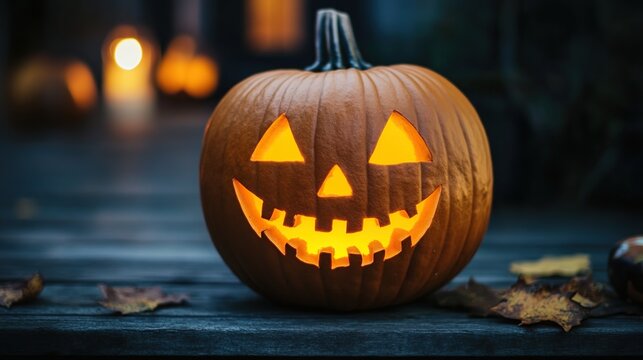 A glowing jack-o'-lantern sits on a weathered wooden surface, illuminated by warm orange light, creating a festive Halloween atmosphere.