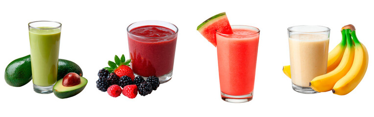 Display featuring assortment of vividly colored smoothies with different ingredients and styles