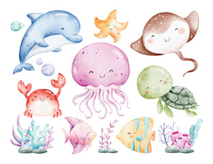 Watercolor Illustration Set of Sea Animals and Corals