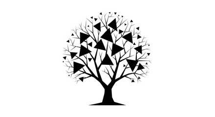 Stylized tree with triangular leaves in black and white.