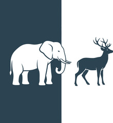 White elephant silhouette and black deer silhouette on dark teal background vector