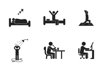 Bundle of isolated illustrations of Daily Activities in the morning Stick Figures starting from sleeping, waking up, stretching, taking a shower, having breakfast, to working.