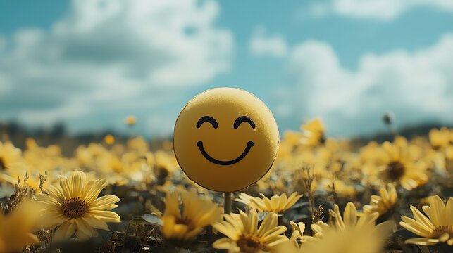 A cheerful yellow smiley face sits amidst a vibrant field of yellow wildflowers under a bright blue sky.